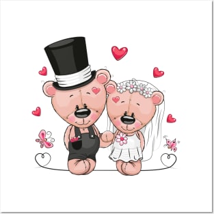 Сute couple of newlyweds bears in wedding clothes. Posters and Art